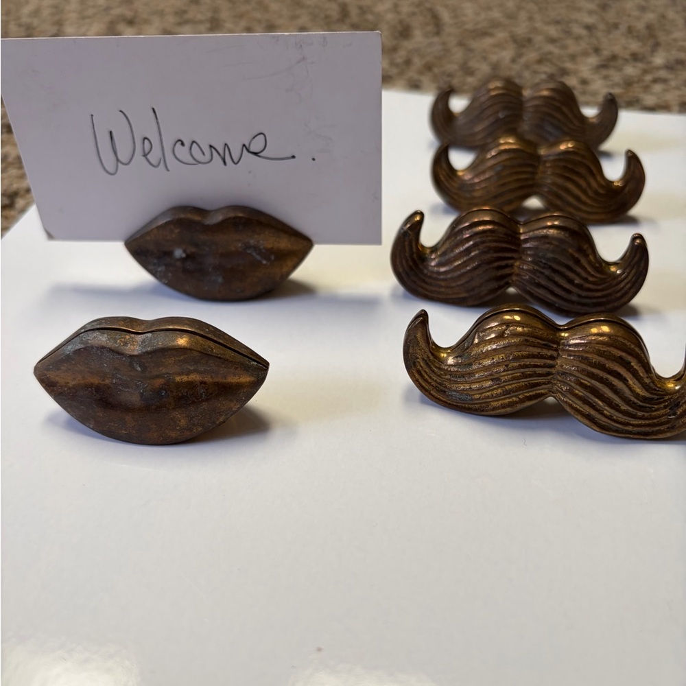 Set of 6 Bronze Lip (2) and Mustache (4) Decorative Name Card Holders Set